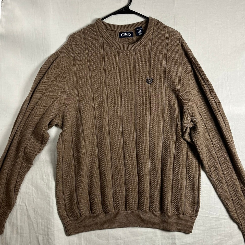 Chaps Sweater Mens XXL Crewneck Brown Cable Knit Cotton EUC